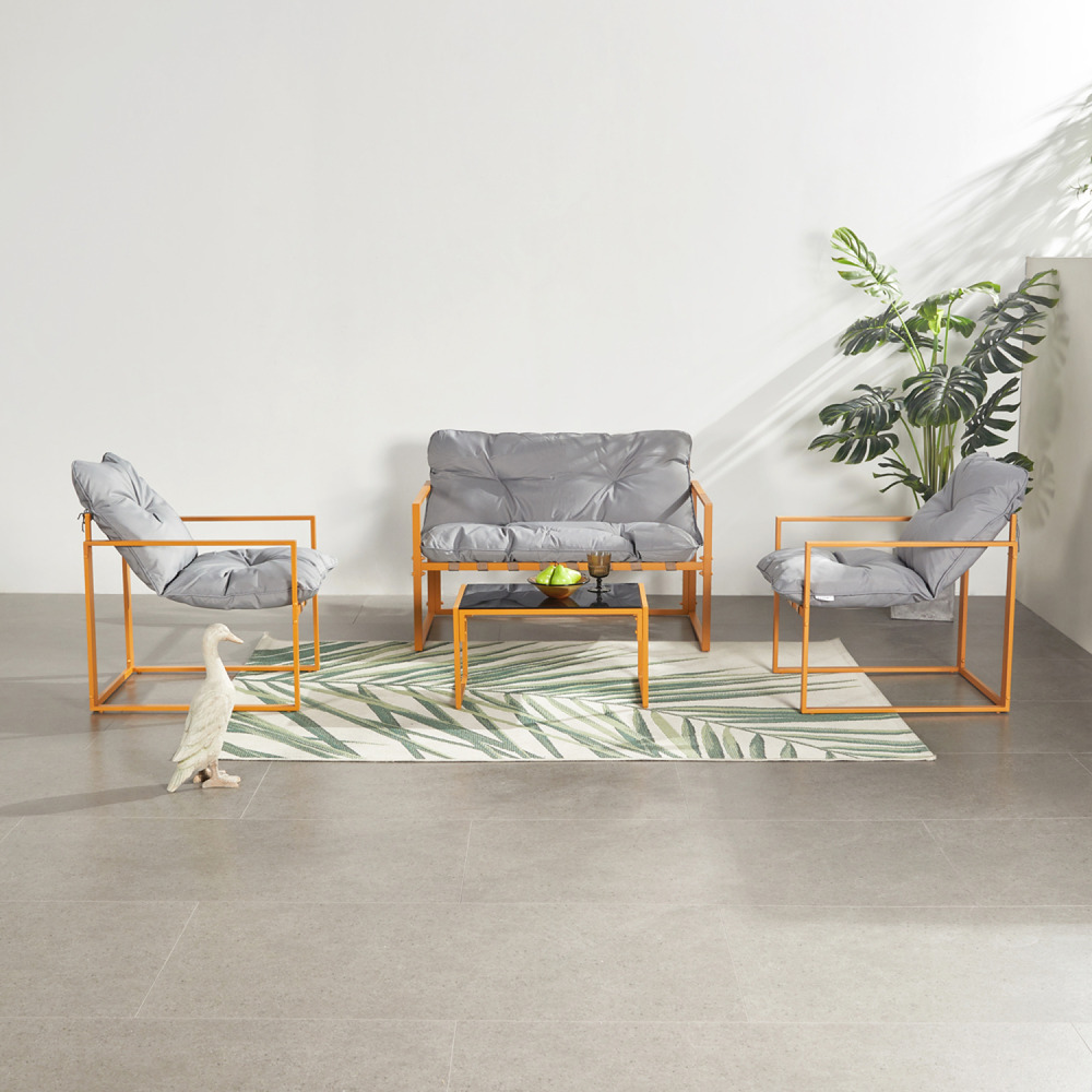 Salon de jardin 4 places contemporain brun et coussins gris rabat