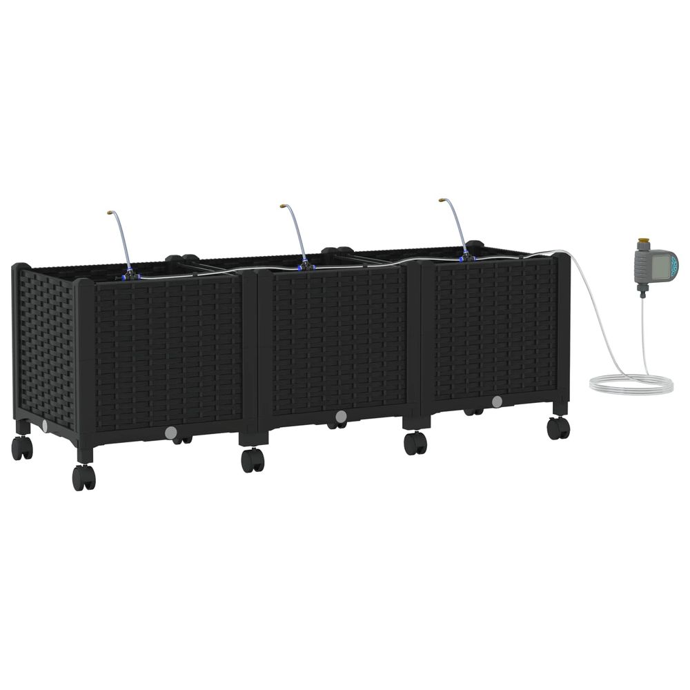 Porte-plante de jardin avec irrigation et roues 3 pc noir pp