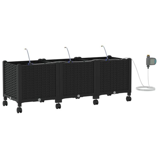 Porte-plante de jardin avec irrigation et roues 3 pc noir pp