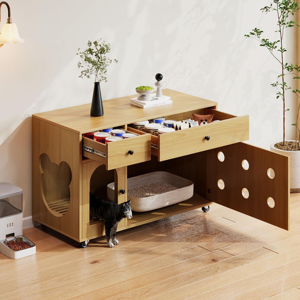 Meuble litière chat bois mdf cache maison toilette rangement roulettes 100cm naturel