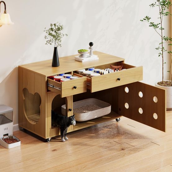 Meuble litière chat bois mdf cache maison toilette rangement roulettes 100cm naturel