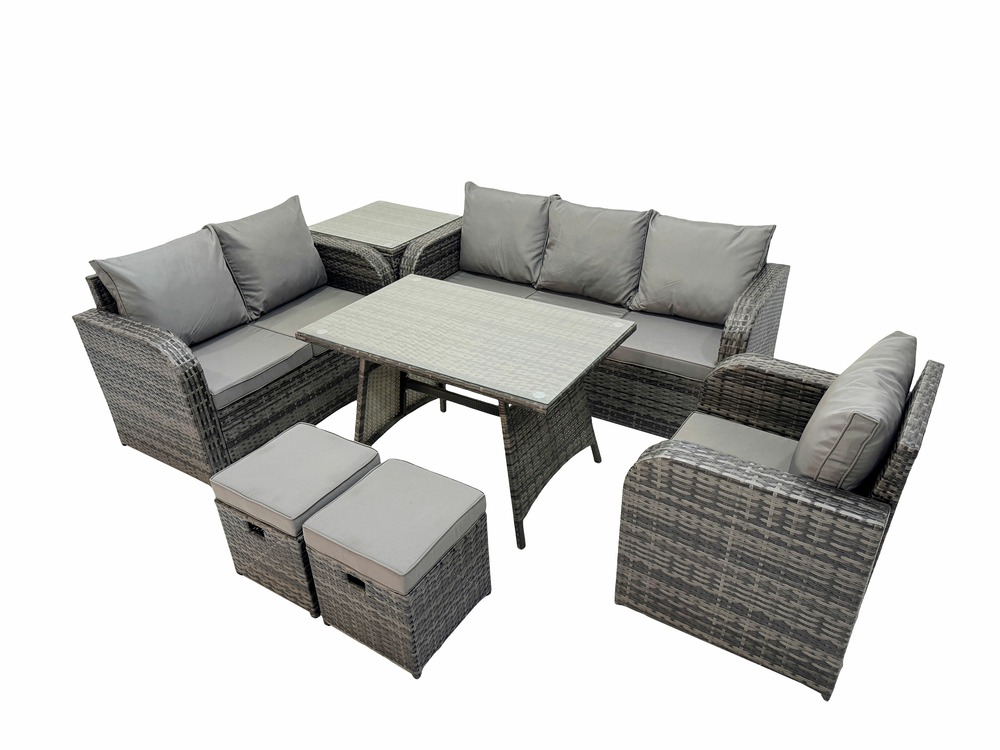 8 places salon de jardin exterieur ensemble de canapés en rotin avec table à manger table d'appoint 2 petits tabourets
