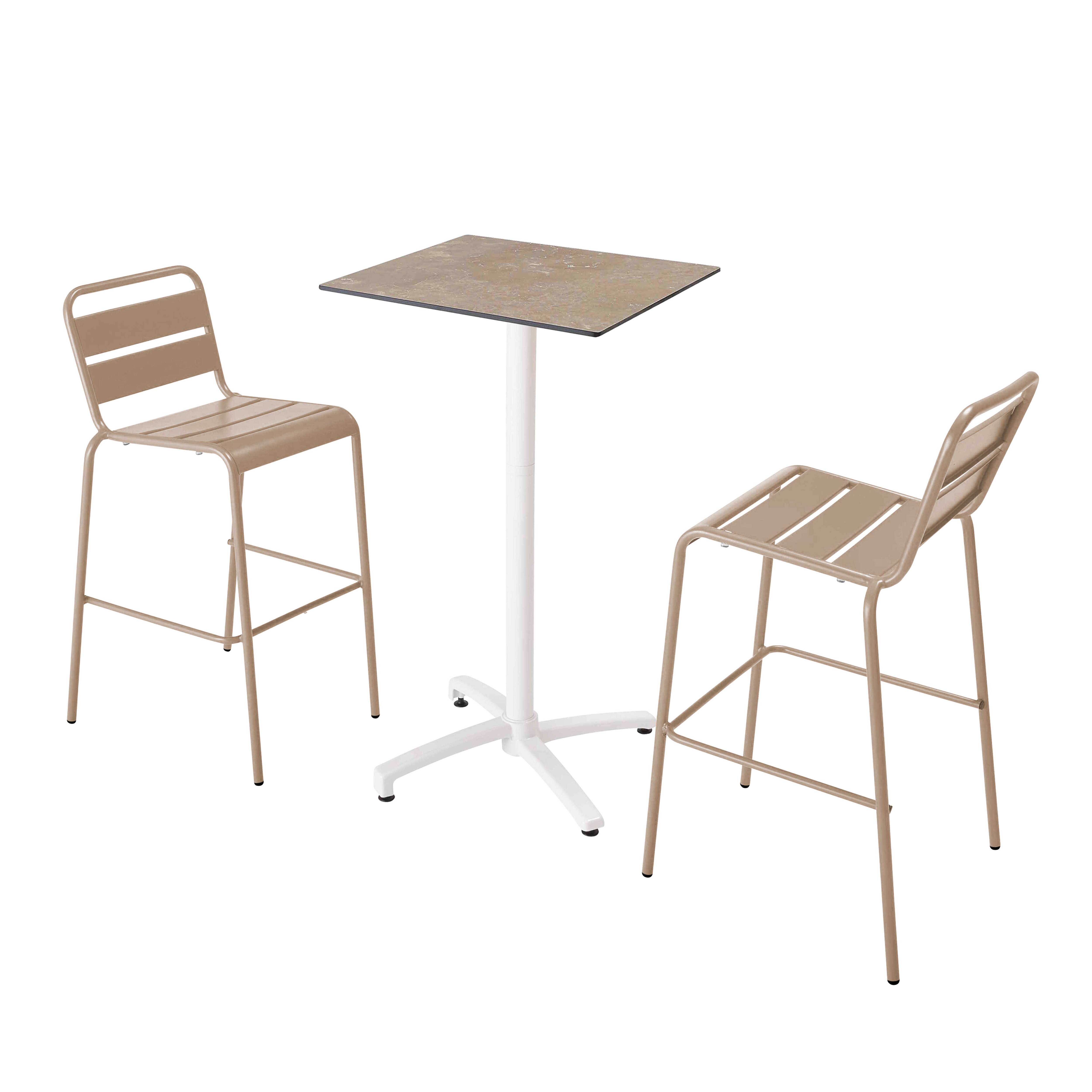 Ensemble table haute stratifié marbre beige et 2 chaises hautes taupe