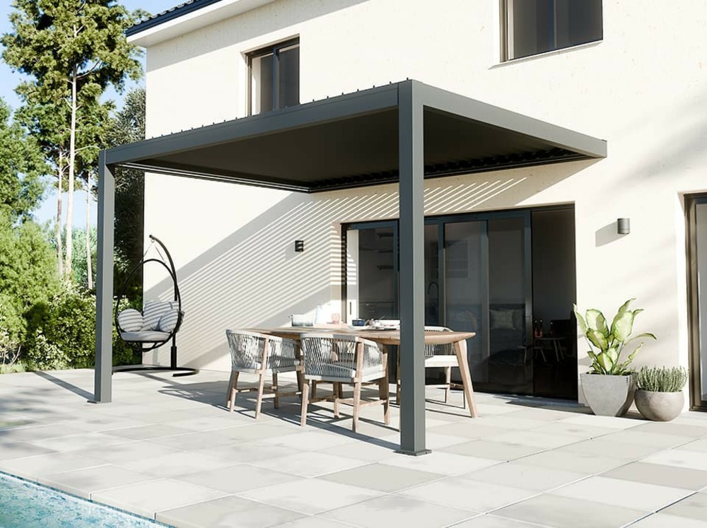Pergola bioclimatique adossée motorisée 12m² 3x4m gris anthracite stellar - eclairage intégré