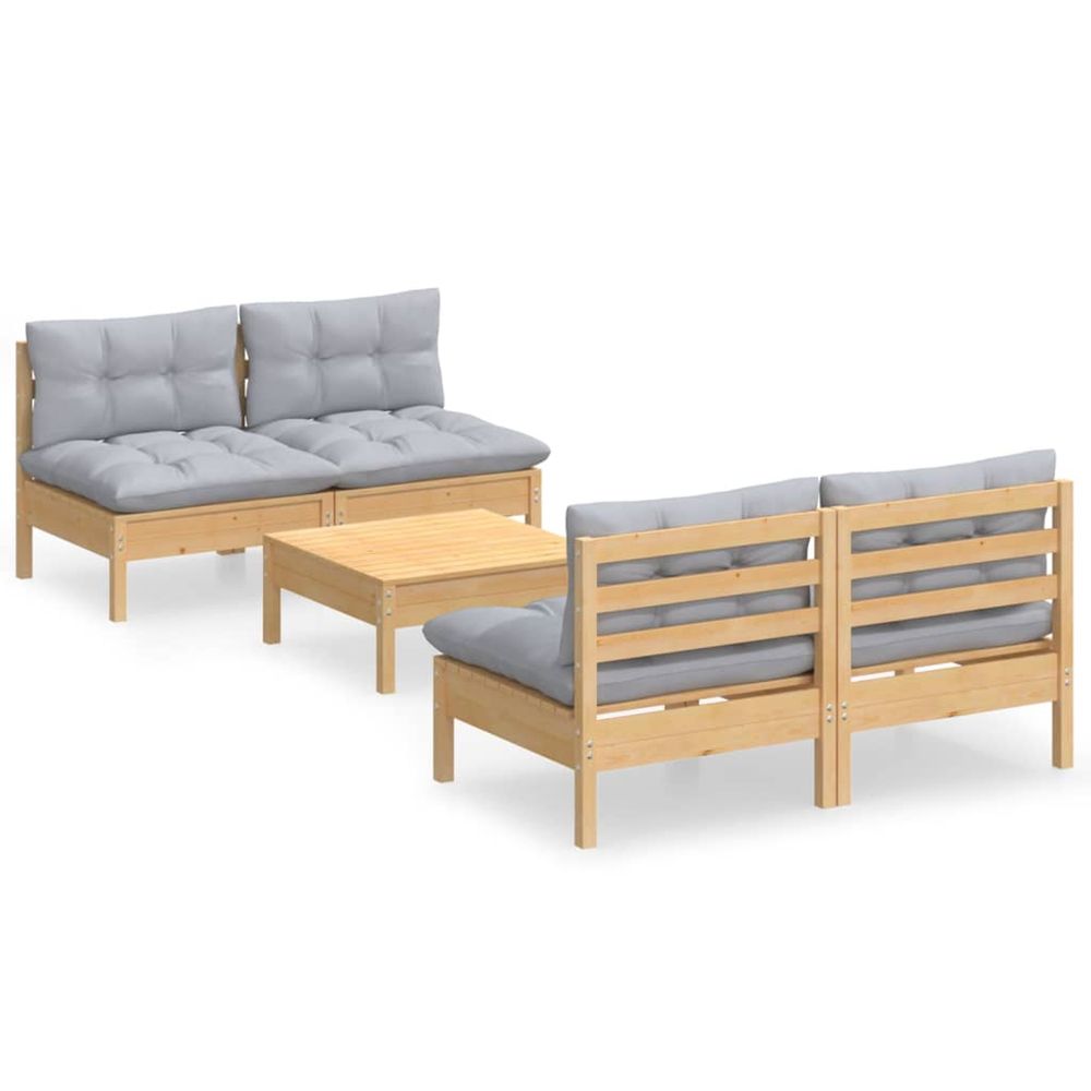 Salon de jardin 5 pcs avec coussins gris bois de pin