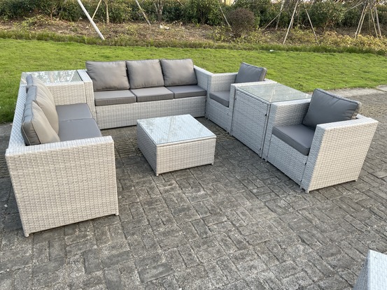8 places meubles de jardin en rotin ave canapé à 3 places 2 fauteuil 2 table d'appoint table basse gris clair
