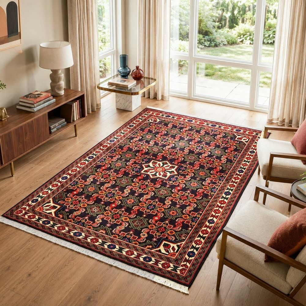 Tapis d'orient, 100 x 144 cm, noir, rouge et vert, noué à la main, hamadan 31