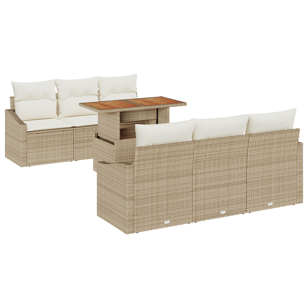 Ensemble de salle à manger de jardin 7 pièces avec coussins en poly rattan beige acacia