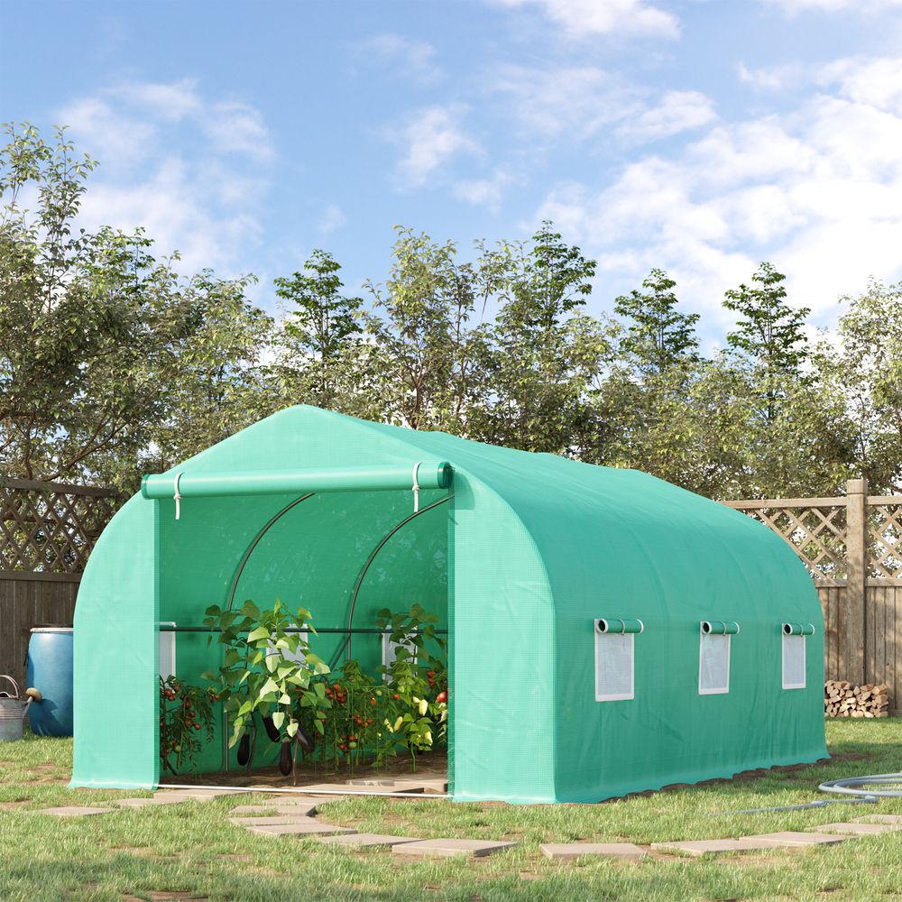 Serre tunnel de jardin en pe vert 450 x 300 x 205 cm 6 fenêtres porte zippée - comfortxl outdoor living