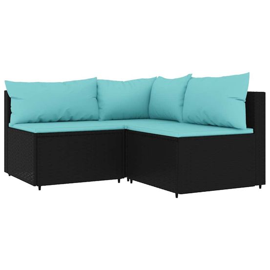 Salon de jardin 3 pcs avec coussins noir résine tressée