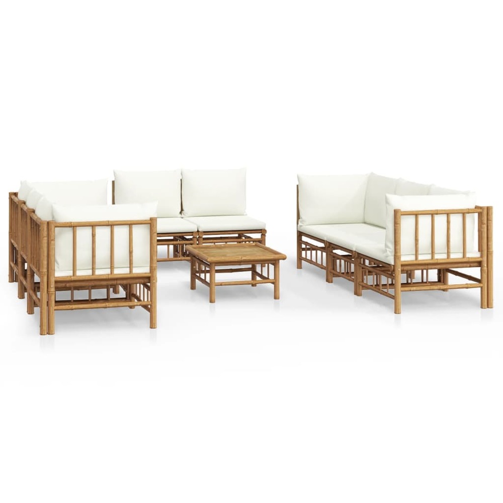 Salon de jardin meuble d'extérieur ensemble de mobilier 9 pièces avec coussins blanc crème bambou