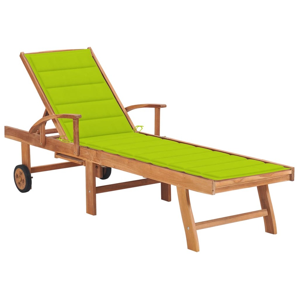 Transat chaise longue bain de soleil lit de jardin terrasse meuble d'extérieur avec coussin vert vif bois de teck solide 02_0