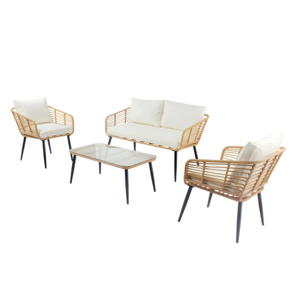Salon de jardin 4 places canapé et chaises effet rotin avec coussins conforts sitia