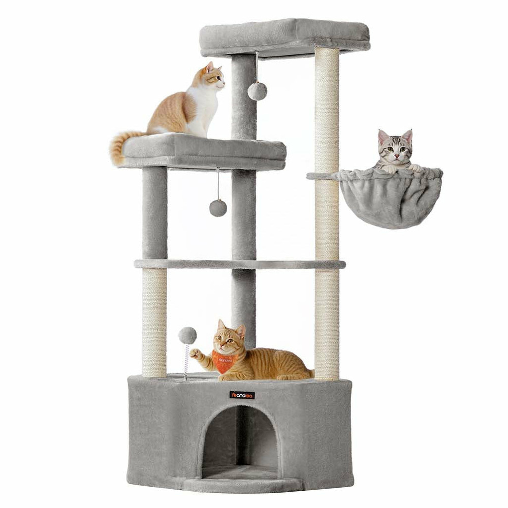 Arbre à chat 48,5 x 48,5 x 140,7 cm tour de jeux pour chats avec niche grandes plateformes balles en peluche hamac gris 12_00