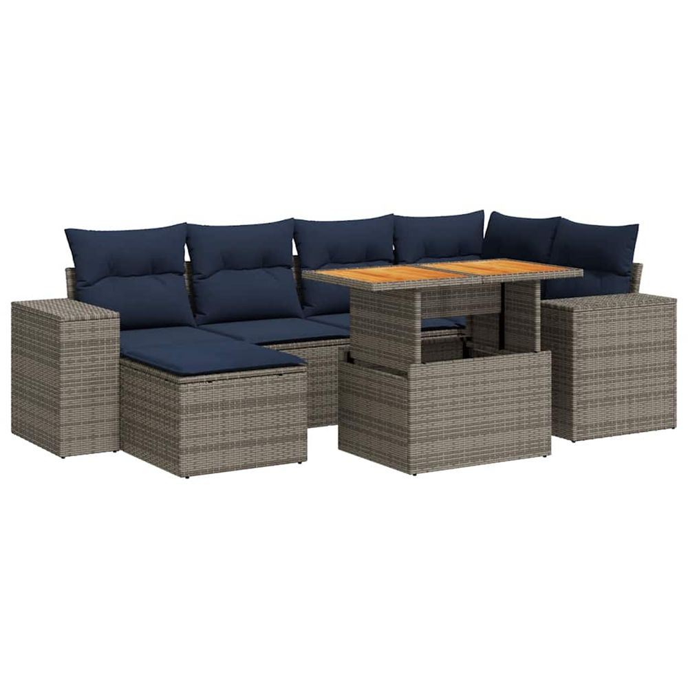 Salon de jardin avec coussins 7 pcs gris résine tressée