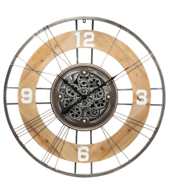 Grande pendule murale silencieuse en métal et bois d 90 cm
