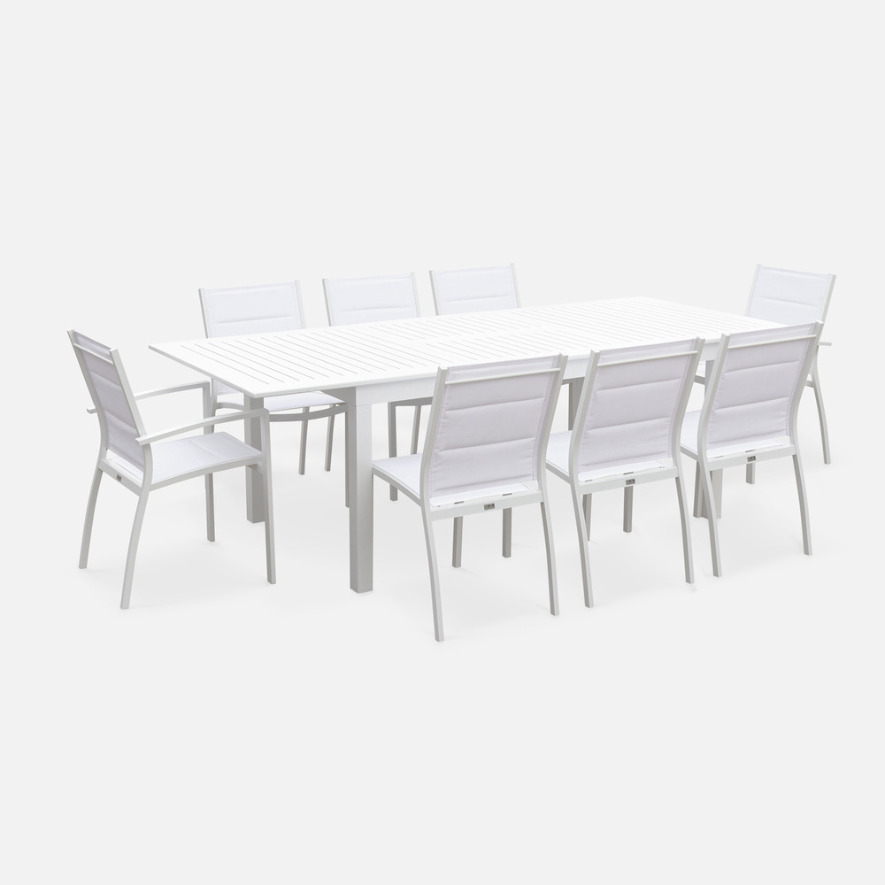Salon de jardin - chicago blanc / blanc - table extensible 175/245cm avec rallonge et 8 assises en textilène