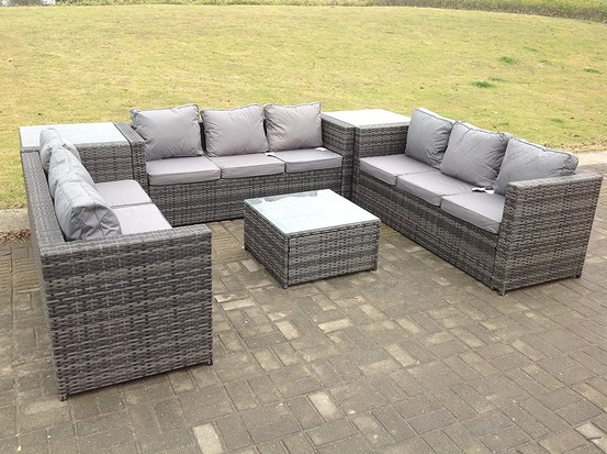 Patio canapé 9 places en rotin en u ensemble patio mobilier de jardin extérieur avec tables basses gris foncé