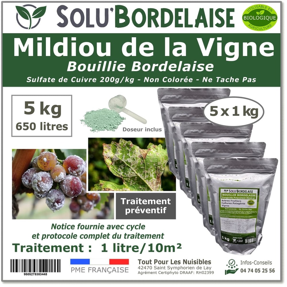 Solu'bordelaise - 5 kg de bouillie bordelaise - mildiou de la vigne - utilisable agriculture biologique - 5 sachets 1kg