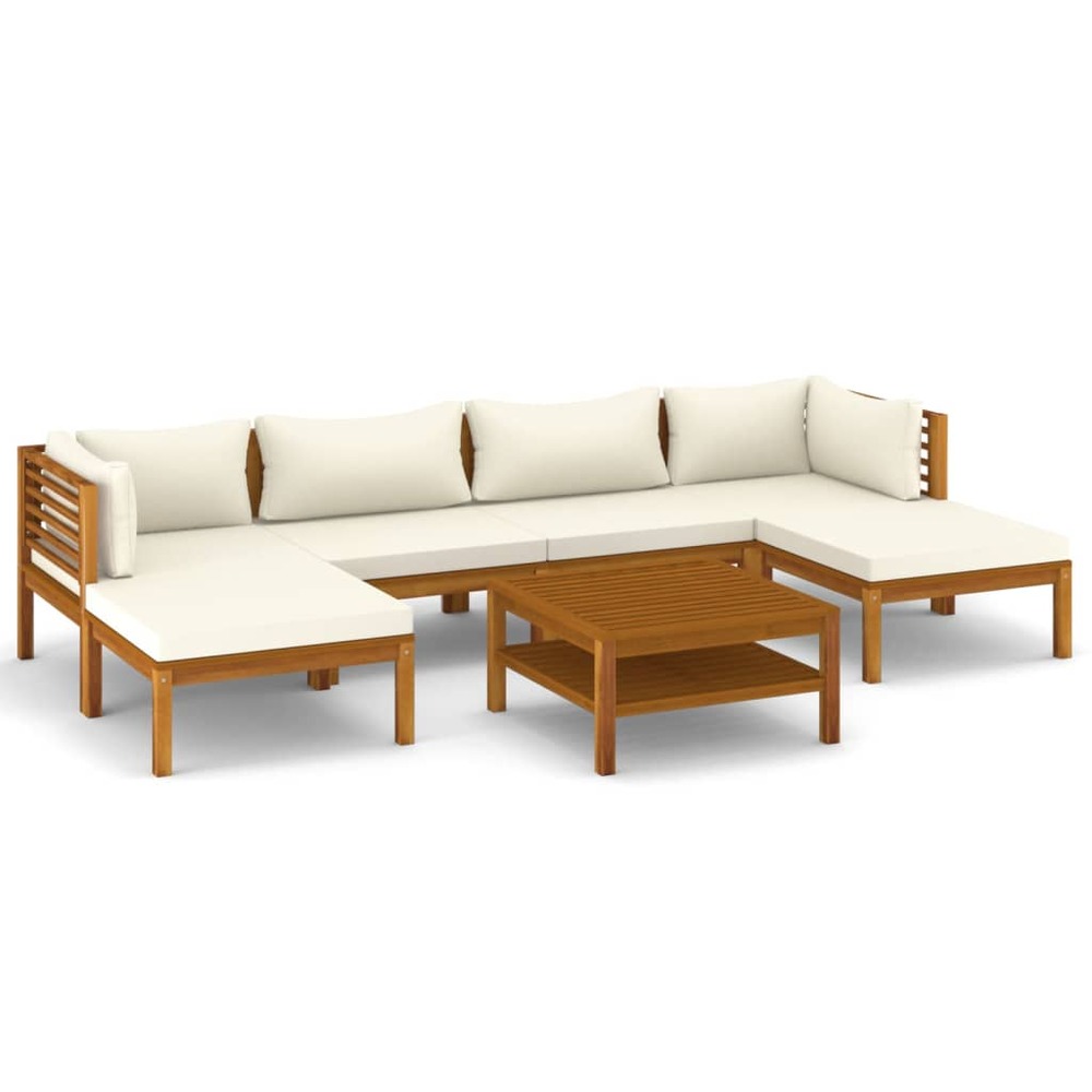 Salon de jardin meuble d'extérieur ensemble de mobilier 7 pièces avec coussin crème bois d'acacia solide