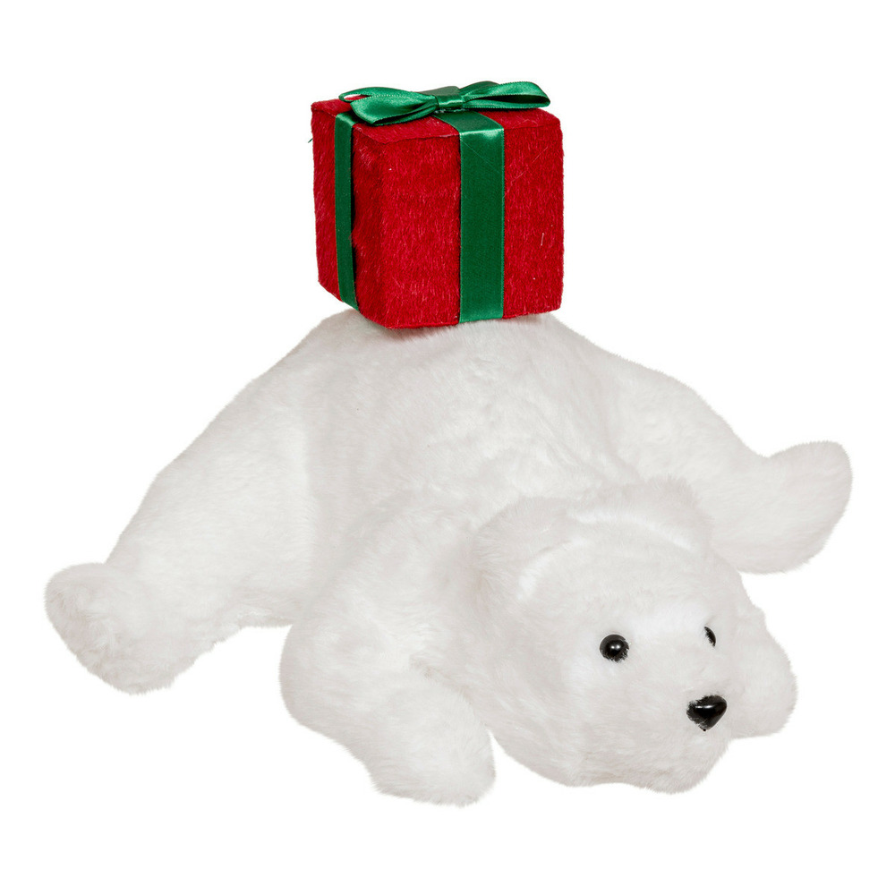 Déco noël ours blanc couché avec paquet cadeau h 38 cm