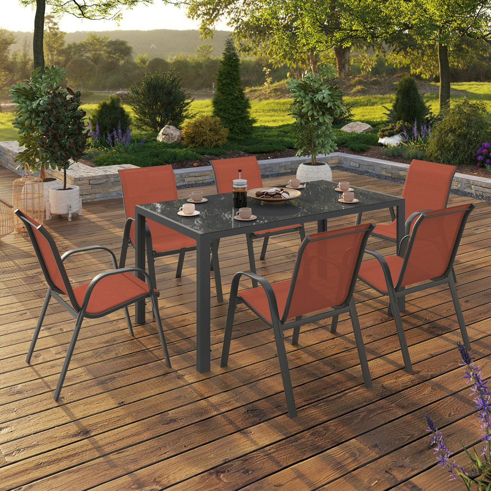 Salon de jardin madrid table 150 cm et 6 chaises empilables terracotta