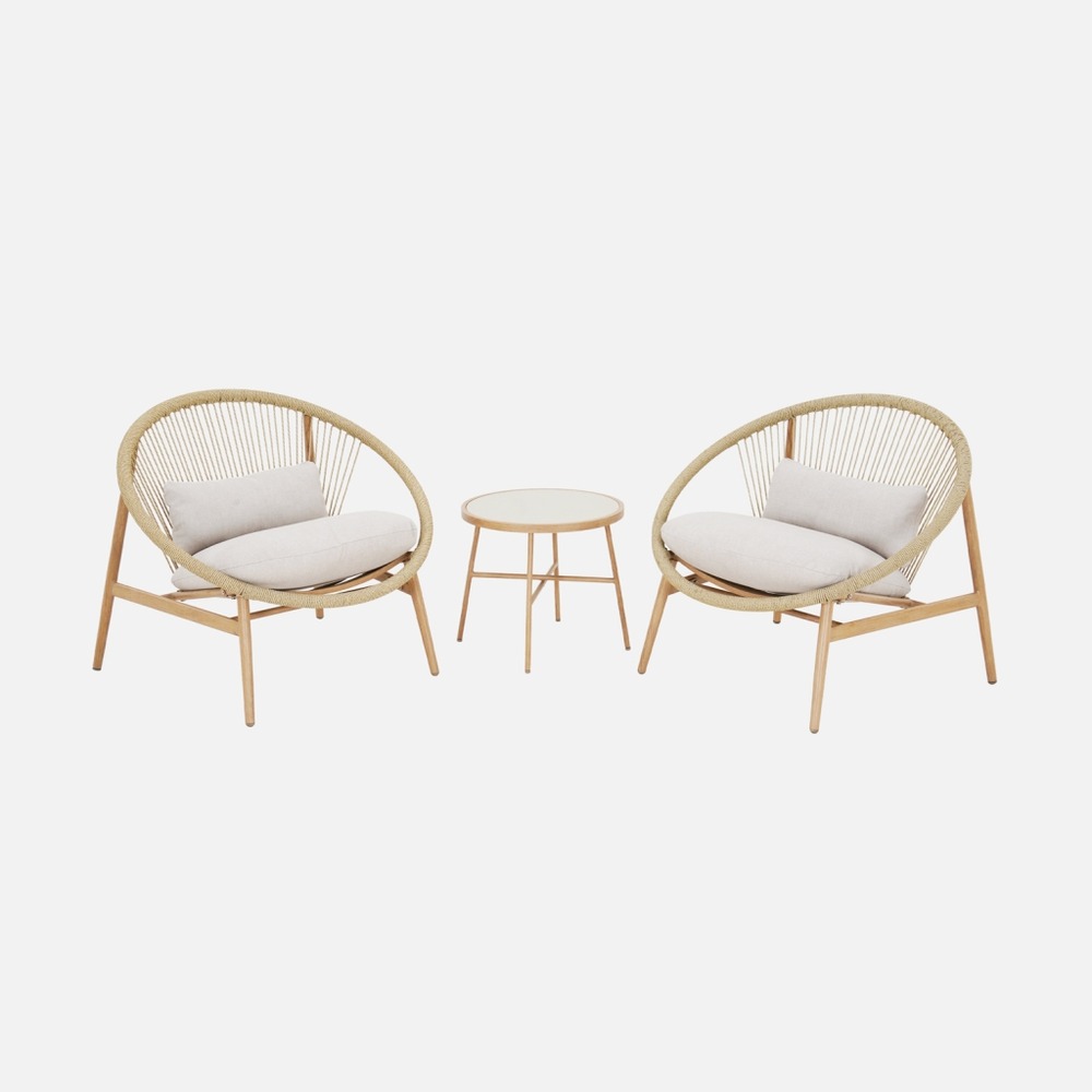 Set de 2 fauteuils de jardin avec table acier et rotin, 79x92x79cm - narola