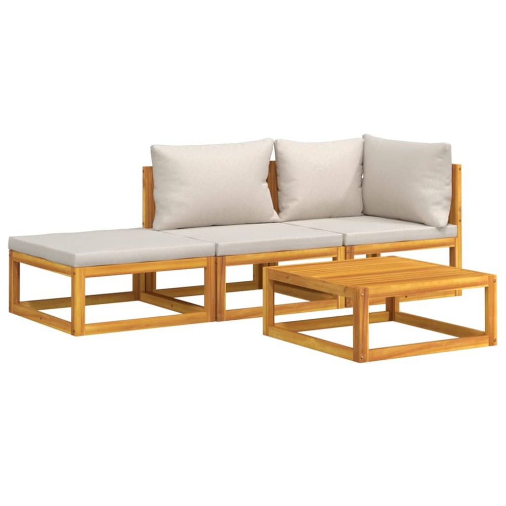 Salon de jardin meuble d'extérieur ensemble de mobilier 4 pièces avec coussins gris clair bois massif