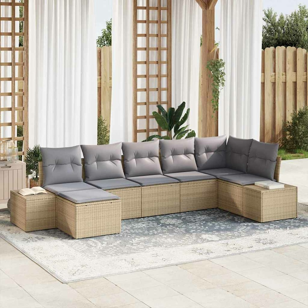 Ensemble de canapé de jardin avec coussin 7 pcs beige polyrotin