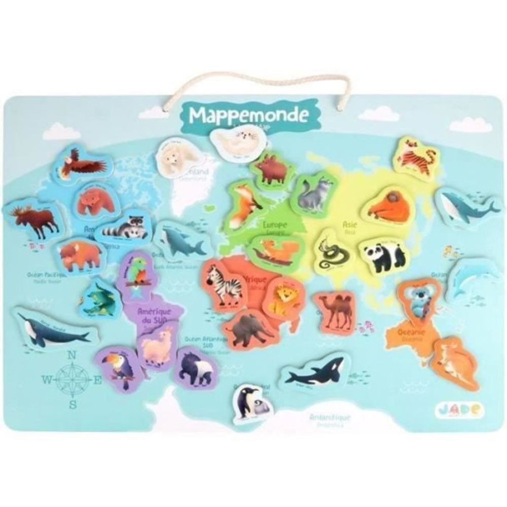 Plateau magnétique des continents - jeu éducatif - j.a.d.e - 30 pieces animaux - bois fsc - 40x30 cm - des 3 ans