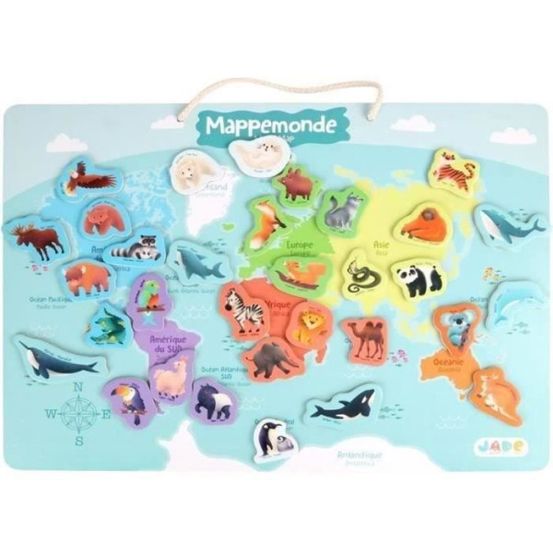 Plateau magnétique des continents - jeu éducatif - j.a.d.e - 30 pieces animaux - bois fsc - 40x30 cm - des 3 ans