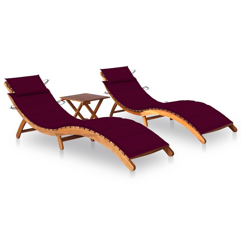 Chaises longues lot de 2 avec table et coussins acacia solide