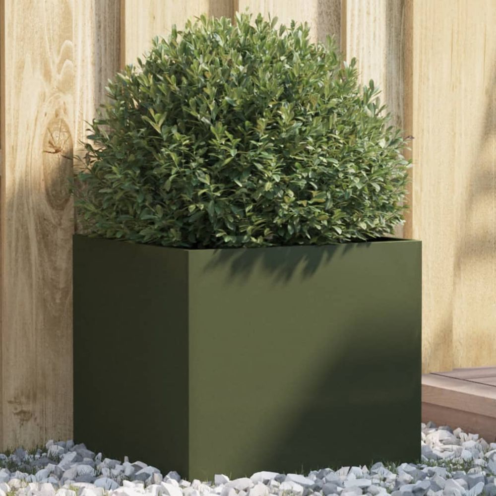 Jardinière carrée acier vert olive pour plantes extérieur 42x40x39cm