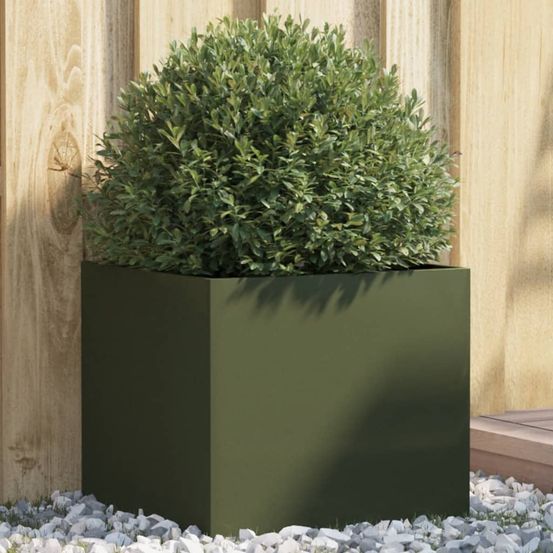 Jardinière carrée acier vert olive pour plantes extérieur 42x40x39cm