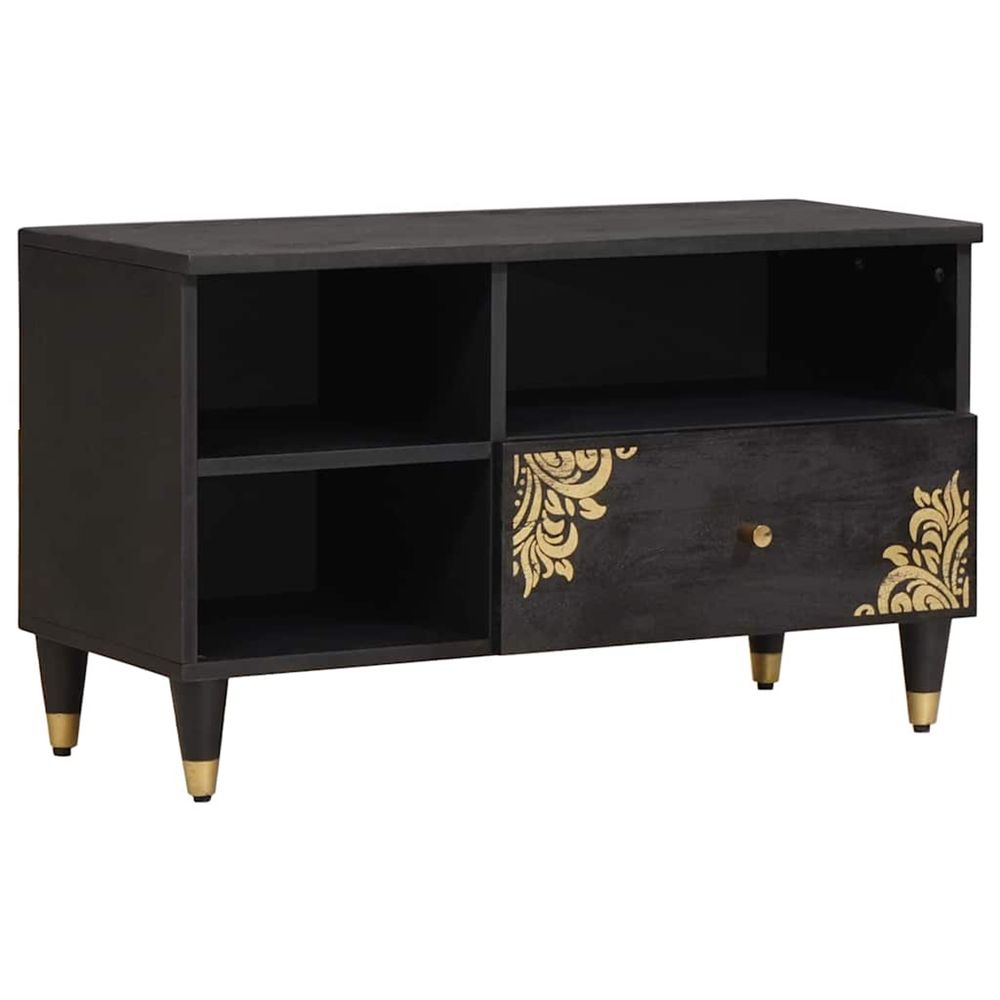 Meuble tv noir 80 x 33 x 46 cm bois de mangue massif