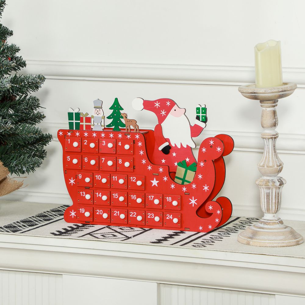 Calendrier de l’avent en bois rouge 22,5x8x36cm, 24 tiroirs, décor père noël et traîneau