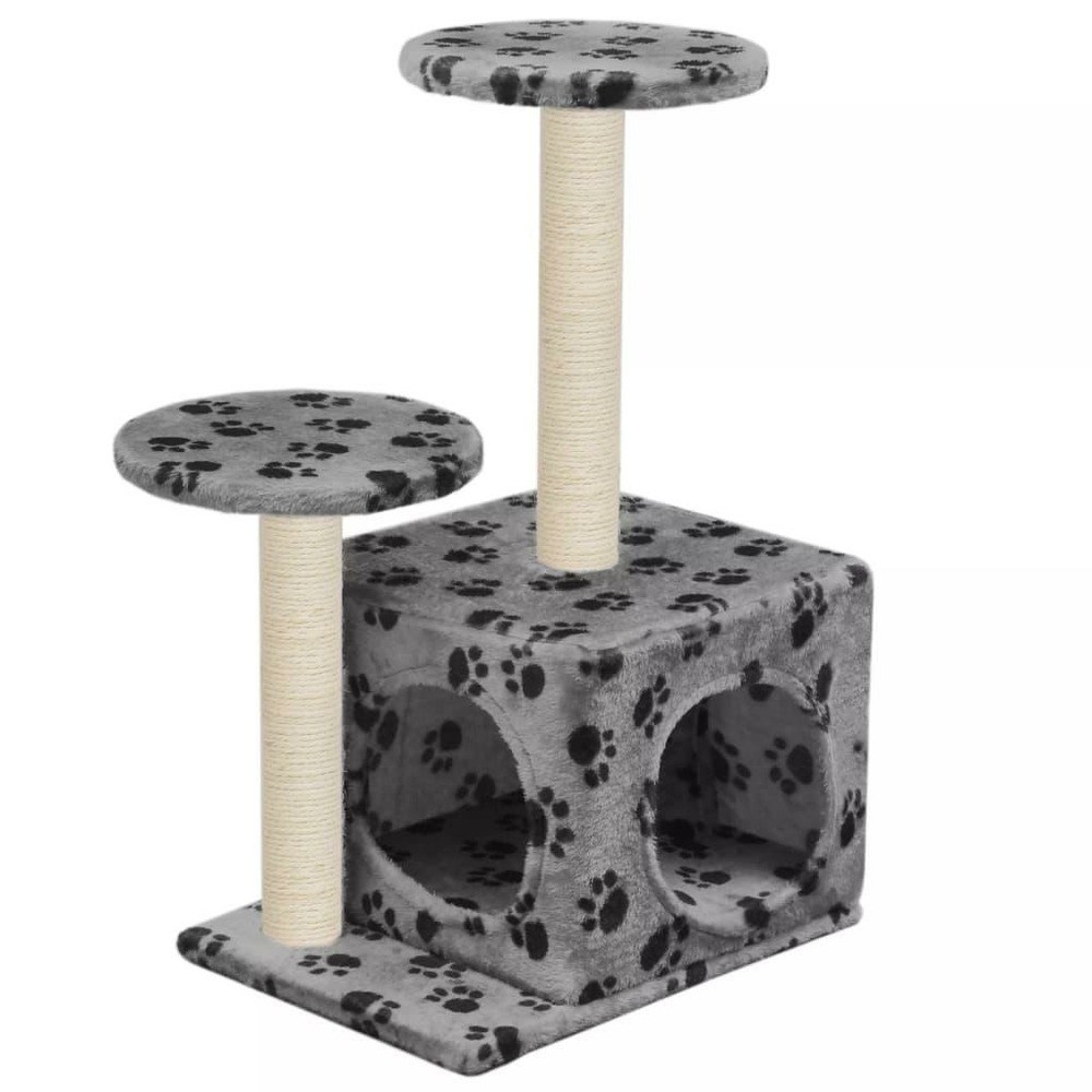 Arbre à chat griffoir grattoir niche jouet animaux peluché en sisal 60 cm gris motif de pattes