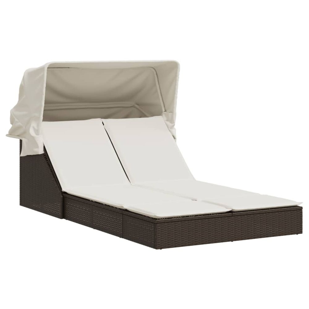 Chaise longue double avec auvent et coussins marron poly rotin bain de soleil