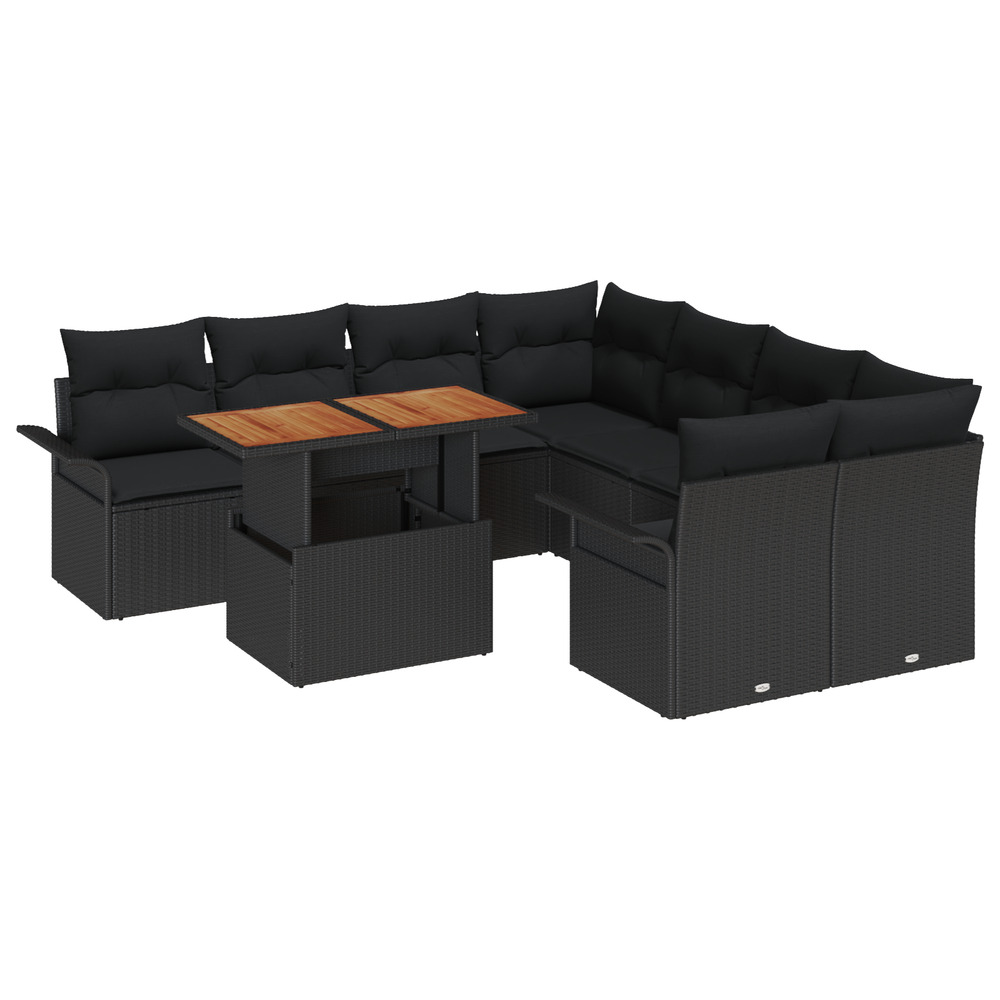 Set de sofa de jardin 9 pièces avec coussins noir poly rattan acacia