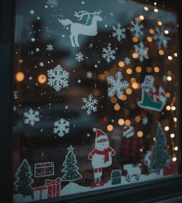 Stickers et neige artificiel sur une fenêtre pour une décoration de fête réussi