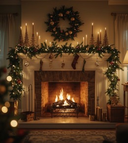 Manteau de cheminée vue de profil avec une décoration de Noël : ruban rouge, guirlande électrique, branche de sapin artificiel