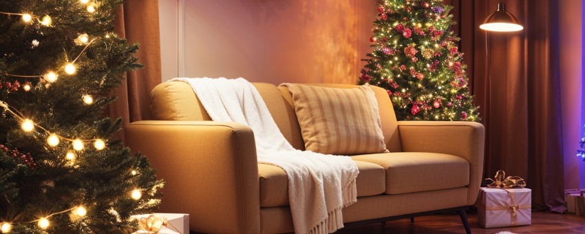 Salon d'un appartement décoré avec plusieurs sapins de noël pour les fêtes de fins d'année