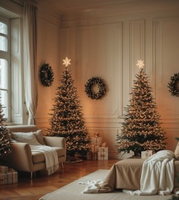 Salon avec une ambiance cosy agrémenté de plusieurs sapins de noël