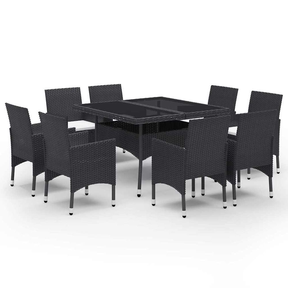 Ensemble à manger de jardin 9 pcs résine tressée et verre noir