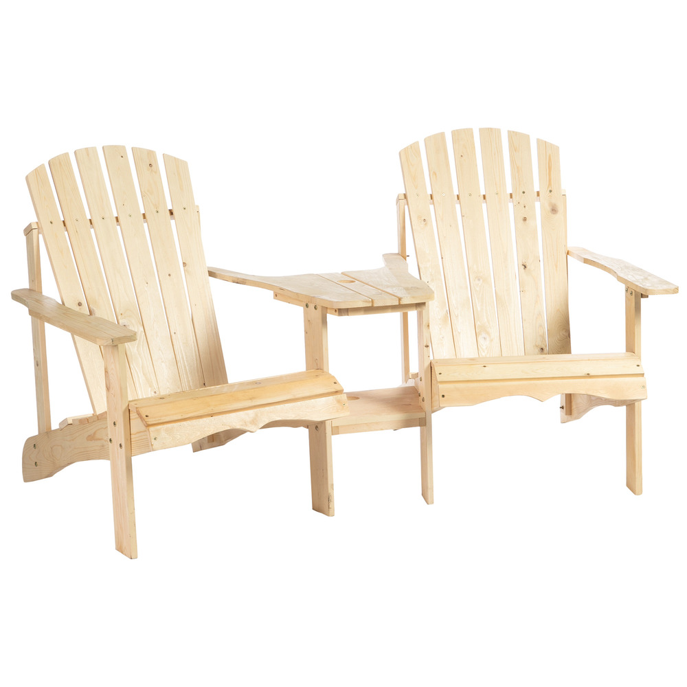 Chaise adirondack, ensemble de salon 2 places avec table et trou pour parasol, en bois massif naturel