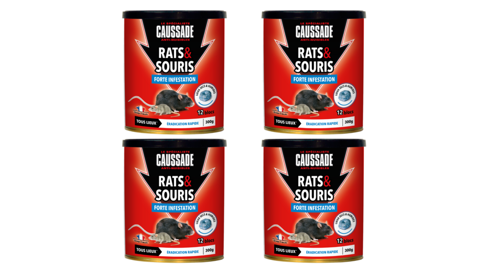 Caussade anti rats & souris - efficacité radicale – tous lieux– 48 blocs flocoumafène - prêt à l'emploi - 1200g carspt300x4