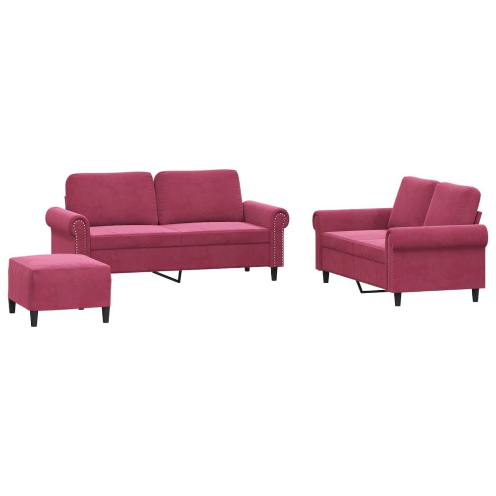 Ensemble de canapés 3 pcs avec coussins rouge bordeaux velours