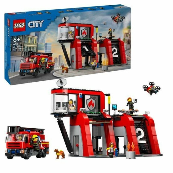 Lego city la caserne et le camion de pompiers, figurine de chien et 5 minifigurines