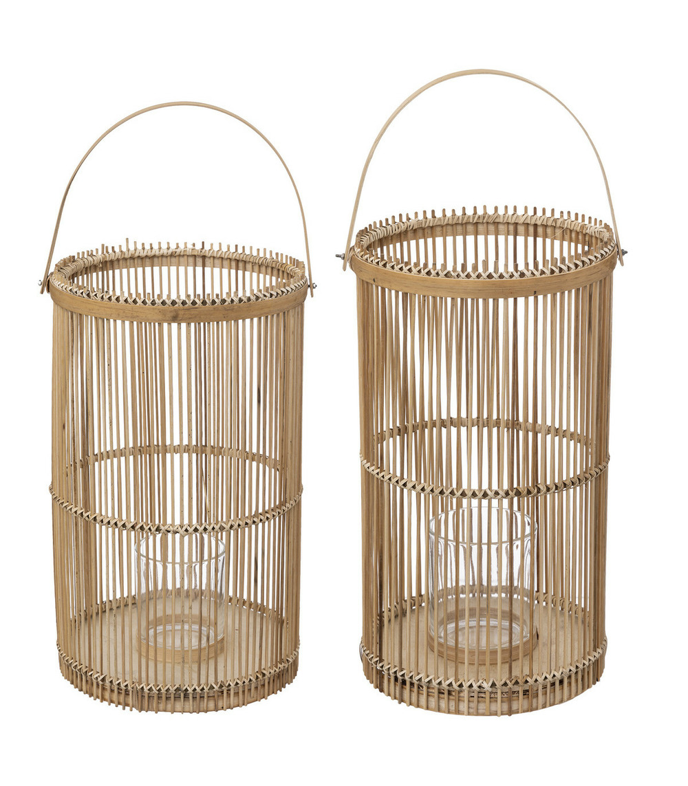 Lot de 2 lanternes photophore en bambou bougeoirs en verre