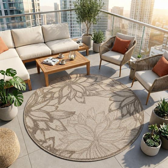 Tapis rond d'extérieur ø150cm tissé kilim marron et crème chimeko